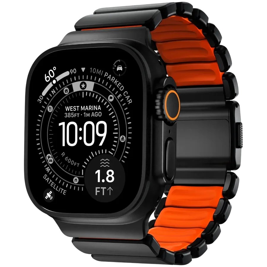 NOMAD Band Extension Stratos Band Black Hardware/Ultra Orange за Apple Watch 44 mmApple Watch 45 mmApple Watch 46 mmApple Watch 49 mm 46/49 mm